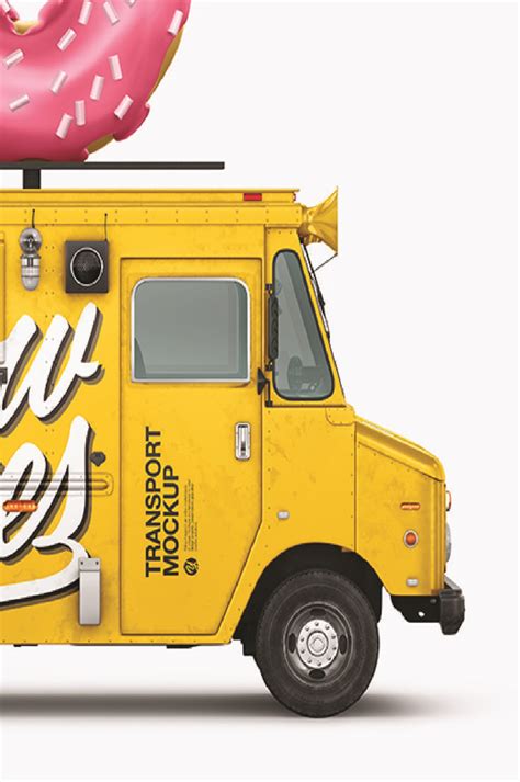 Free Foodtruck with Donut PSD Mockup Half Side View High-Angle Shot Mockups 54.8 MB